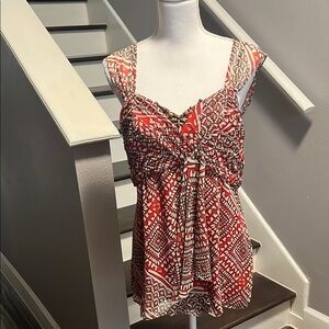 Nine West Multicolored Ruched V-Neck Empire Style Tie Front Sleeveless Top